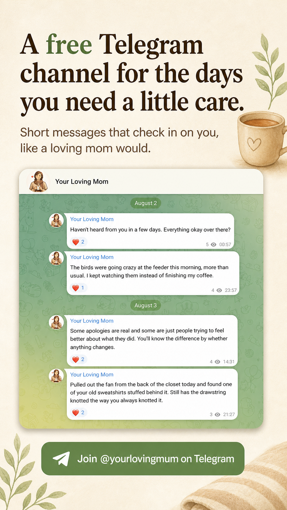 Preview of messages in the Your Loving Mom Telegram channel